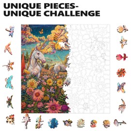 Trippy Puzzle Co - Wooden Jigsaw Puzzle for Adults - Challenging 300 Piece Puzzle with Cool Shapes - Unicorn Sunflower Field Puzzle - Paranormal Collection (Unicorn Utopia)