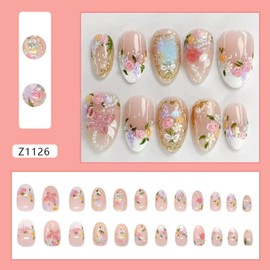 24Pcs Flower Press on Nails Short False Nails Art Summer Sweet Colorful Smudge Almond Full Cover Nude Press on Fake Nails French Short Solid Color Stick on Nails for Women Manicure