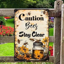 Generic Caution Caution Bees Stay Clear Garden Sign, Flower Bees Yard Sign 8""x12"" Outdoor Decorative, Aluminum Sign for Lawn,Farmhouse,Home, Waterproof Patio Sign Bee Farm Sign