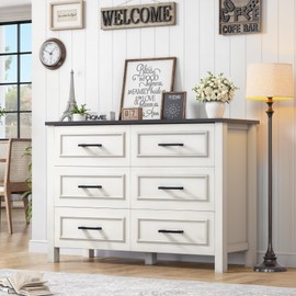 YITAHOME 6-Drawer Dresser with Built-in Power Outlet, Wood Dresser TV Stand with 6 Large Drawers & Bar Handles, Dresser Chest of Drawers for Entryway Living Room Hallway, White & Black