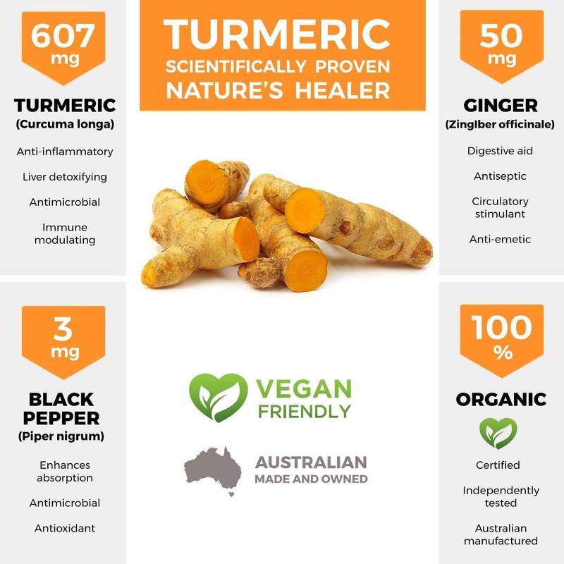 Organic Turmeric Capsules PLUS 120caps with black pepper and ginger