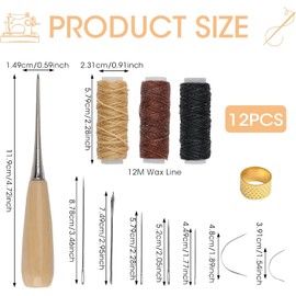 12 Pcs Leather Sewing Kit, Complete Leather Repair Kit Needles, 12m Waxed Thread Cord Drilling Awl Thimble Curved Upholstery Hand Sewing Needles for DIY Crafts Carpet Repair and Sewing Essentials