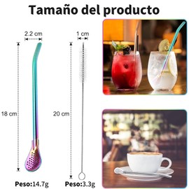 THJOPOKEEL 5 Piezas Pajitas con Cuchara de Filtro, Reusables Popotes de Acero Inoxidable para Filtrar Sedimento, con 2 Cepillos de Limpieza, para Jugo, Batidos, Cócteles, Latte