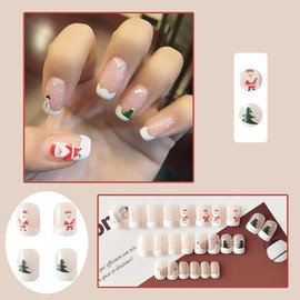 24Pcs Christmas Press on Nails Short Square Fake Nails Full Cover Pink French Tip Christmas Nails Santa Claus Snowman Xmas Tree Design Glue on Nails Cute False Nails for Women Girls