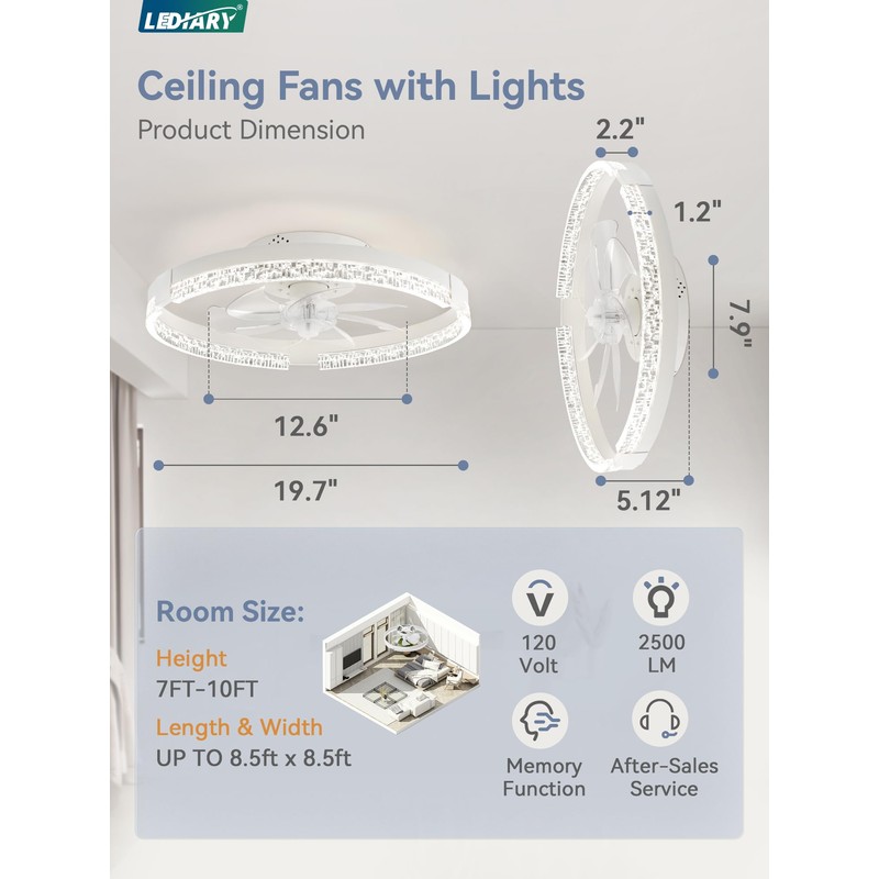 LEDIARY Flush Mount Ceiling Fan with Lights and Remote, 19.7''