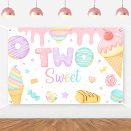 Donut Theme Two Sweet 2nd Birthday Backdrop Donut Themed Birthday Party Decoration Fun Ice Cream Dessert 2nd Birthday Photography Banner for Baby Girls Donuts Candy Two Year Bday Supplies 5 * 3ft