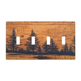 Decorative 4 Gang Quad Toggle Light Switch Cover Retro Forest Pine Tree Jungle Woodland Woods Brown Wood Lodge Wooden Style Electrical Four Device Decorator Wall Plate Standard Size Outlet Covers
