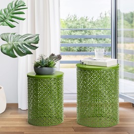 Glitzhome Accent Tables Living Room Set of 2, Round Metal Side End Table, Small Circle Coffee Bedside Table, Planter Stand for Couch Nightstand Bedroom Patio Backyard, Glossy Green