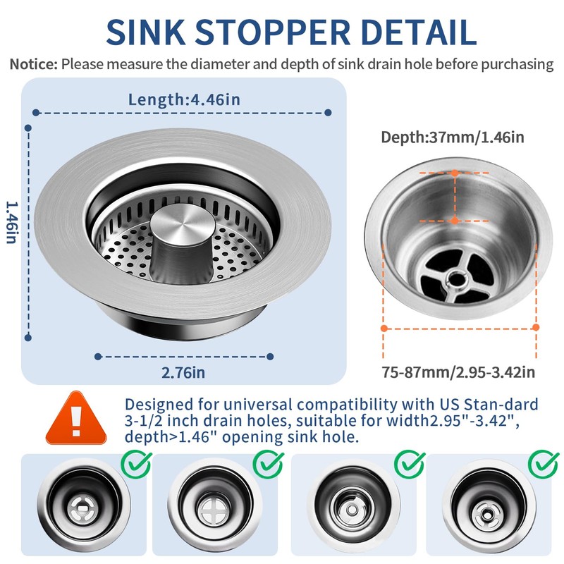 3-in-1 Kitchen Sink Drain Strainer & Sink Stopper 2 Pack