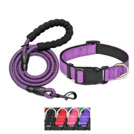 KOMUNJ Reflective Dog Collar and Leash Set Adjustable Collar Durable Nylon Leash for Medium Large Dogs (Purple, L)
