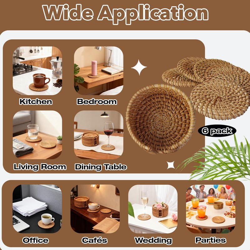 6-Pack Handmade Rattan Coasters with Holder, Modern Farmhouse and Boho