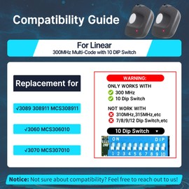 CreaCity 2 for 300 MHz Multicode Linear Garage Door Gate Opener Remote Control with 10 DIP Switch Keychain,Replacement for 3089,3060,3070,308911,MCS308911,MCS306010,MCS307010 Gate Clicker