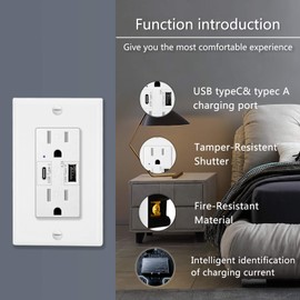 NineLeaf 10PK USB Wall Outlet Receptacle Dual USB (Type C & Type A) High Speed Charing Ports (Total 4.2A/5V) 15A Tamper Resistant Duples Outlet with Wall Plate UL Listed White