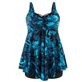 NIeyook Womens Plus Size Swimsuit Push Up Tankini Bathing Suit Tummy Control Swim Dress 2 Piece Swimsuits with Shorts Floral Blue 22W/5L