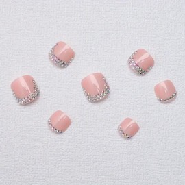 Toe Nails Pres on Short Square Fake Toe Nails with Bling Rhinestone Designs Nude Pink False Toenails for Women Full Cover Glossy Stick on Nails Glue on Toenails 24Pcs Manicure Art