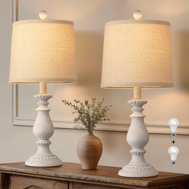 QiMH Farmhouse Table Lamp Set of 2, Rustic Table Lamps for Living Room, Vintage Nightstand Lamp with Rotary Switch, Beside Lamps for Bedroom, Traditional Table Lamps with Linen Shade, Antique White