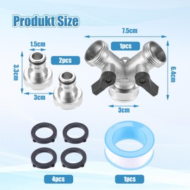 DRELD 2-Way Garden Hose Splitter Silver with On/Off Valves, 3/4 Inch 2-Way Y-Splitter Made of Brass with 2 x Tap Connector + 4 x Washer + 1 x Raw Strip, 2-Way Y-Splitter for Home and Garden