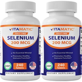 Vitamatic Yeast Free Selenium 200mcg as Selenomethionine Supplement Essential Trace Mineral with Superior Absorption 240 Tablets - 2 Pack
