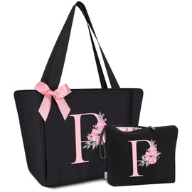 Vavabox Tote Bag, A-Z Initial Monogrammed Waterproof Tote Bag, Bridesmaid Gifts for Women, Black and Pink (P, Black Set)