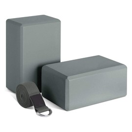 Hirola Set de 2 Bloques de Yoga de 9×6×4 pulgadas de Goma de Alta Densidad, Con Correa de Estiramiento de 2.4m para Yoga, Pilates, Estiramiento y Tonificación. (Gris)