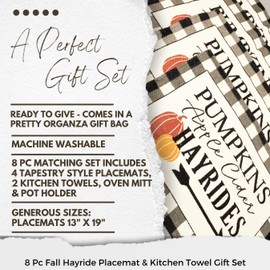 8 pc Fall Placemats Set - Buffalo Plaid Placemats with Apple Cider, Hayrides & Pumpkins - Tapestry Style Autumn Home Decor
