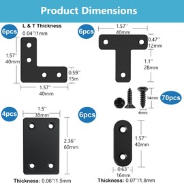 Small Shelf Brackets,22Pcs L Metal Plate Brackets,Metal Joining Plates for Wood,Right Angle 90 Degree Bracket Metals Bracket for Wood,Metals for Fixing with 70 Screws（4 Styles, Black）