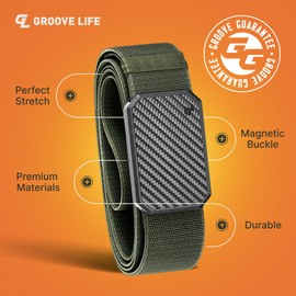 Groove Life Groove Belt OG Carbon Fiber/Base Camp Green - Men's Stretchable Nylon Belt with Magnetic Buckle - Adjustable and Comfortable for Fitness, Outdoor, Everyday Wear - Size XX-Large (51-60)"