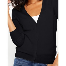 State Cashmere Women's Button Front V-Neck Cardigan 100% Pure Cashmere Long Sleeve Sweater (Black, Small)