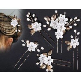 KAPSING Pack of 5 Bridal Hair Accessories, Wedding Flower Beads, Hair Accessories, Bridal Jewellery, U-shaped Hair Comb, Wedding, Compatible with Women, Girls (Gold)