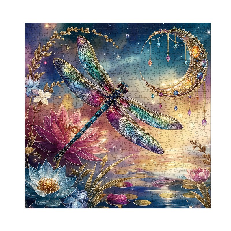 Dragonfly Moon Puzzle for Adults 1000 Pieces, Colorful Lotus Jigsaw