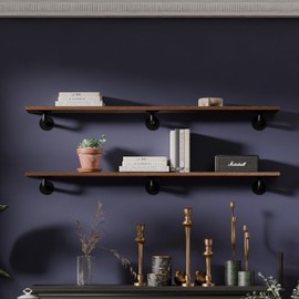 Industrial Pipe Shelving Shelf,Pipe Wall Shelves Wood Shelf:Kitchen Shelves Shelving, 60 Inches Wood Long Floating Shelves for Wall Farmhouse Pipe Book Shelves Dark Brown for Decor and Bar Shelving