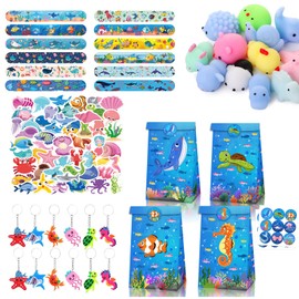 Eymobad Sea Animals Party Bags, 98 Pieces Ocean Party Birthday Party Bags, Ocean Animal Key Chain, Snap Bracelet, Stickers, Gift Bags, for Girls Boys Party Accessories