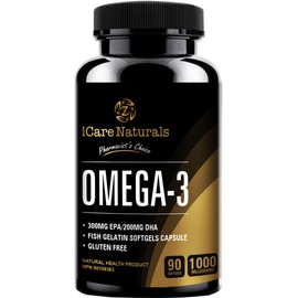 iCare Naturals - TWIN PACK Halal Omega 3 Fish Oil Supplements - 300 mg EPA/200 DHA, Fish Gelatin Softgel Capsule and Gluten Free - 1000 mg