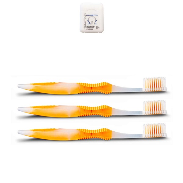 Sofresh Flossing Toothbrush - Adult Size Soft | You Choose Color and Quantity (3, Orange) | Bundle with (1) WELdental Mint Xylitol Dental Floss Travel Size