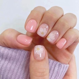 QQPPOLIU Pink Press on Nails Short Gift for Girls Cute Nail with Flower Designs Square Shape