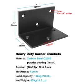 2 Pack Heavy Duty 5 Inches Black Corner Brackets Support, L Angle Steel Braces Thickness 4.9mm, 5" x 3" Metal Joint, Max.Load 220LB, Countersunk Design for Timber Wood Furniture Connector