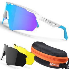 TR90 Ultra Lightweight Road Bike Sunglasses, Sports, Baseball, Running, Adjustable Nose Pads & Temples, UV 400 Blocking, Polarized Lenses, Interchangeable 3 Color Set, White & Ice Blue, L