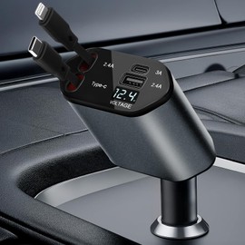 Cargador para Auto con 2 Cables Rretráctiles, Cargador de Auto Carga Rapida 4 en 1 120W con Puertos USB y Tipo c, Accesorios para Carro, Coche...     