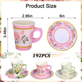 192 PCS/96 Sets Disposable Floral Paper Tea Cups and Saucers Bulk, 9 oz Handle Teacups with 6" Saucers for Tea Party Supplies, Vintage Flower Coffee Cups for Mother's Day Birthday Wedding
