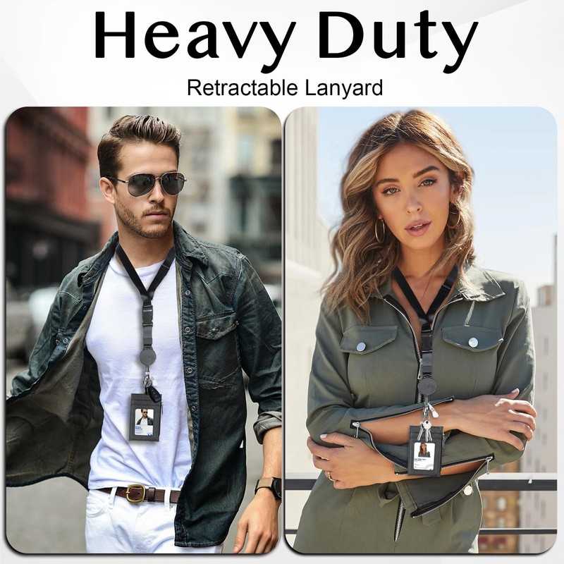 DELSWIN Badge Holder with Retractable Lanyard, PU Leather ID Badge