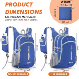 Seektop Small Hiking Backpack 12L to 15L Expandable Travel Packable Waterproof Daypack Lightweight Hiking Bag for Women Men