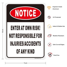 Notice Enter at Own Risk Sign 2-Pack, Not Responsible for Accidents or Injuries Sign, Caution Safety Signs, 10"x 7" Rust Free Aluminum Sign, Reflective, UV Protected and Weatherproof