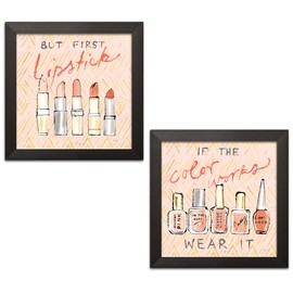 Gango Home Decor Glam Geo Beauty and Sass I - Wear It & Geo Beauty and Sass II - Lipstick First by Sue Schlabach (Ready to Hang); Two 12x12in Black Framed Prints