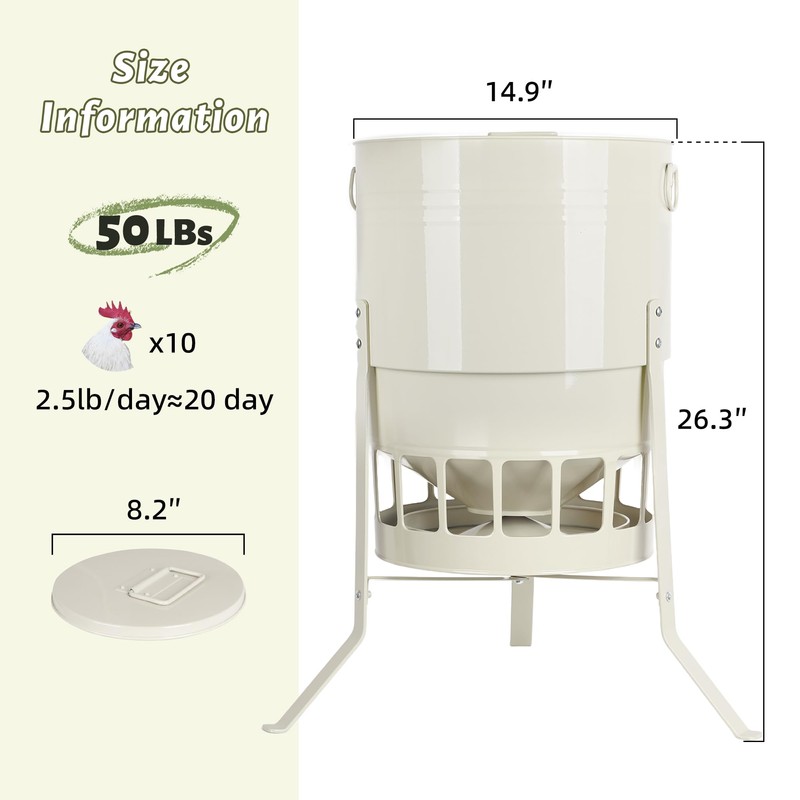 KOL Metal Chicken Feeder 50lbs Capacity with 16 Feeding Ports