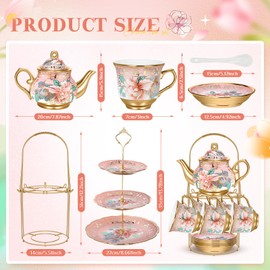 Suttmin 21 Pcs Porcelain Tea Set with Metal Holder and Cupcake Stand, Ceramic Tea Pot Cups Saucers Cupcake Tier Tower European Ceramic Tea Set for Adult Women Girls Tea Party Wedding(Pink)
