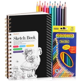 Sketch Book with 12 Color Pencil Set, 90 Sheets Spiral Sketchbook for Drawing (68lb/100gsm), Acid-Free Sketch Pad for Kids Artist, Art Paper Drawing Supplies for Gifts Christmas(5.5×8.5 inch)