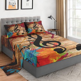 WeCozy Full Size 4 Pcs Bed Fitted Sheet Set with 14" Deep Pocket, Black Retro Woodboard Flat Sheet Set for Kids and Adults, Musical Music Disco Bedding with 2 Pillowcases