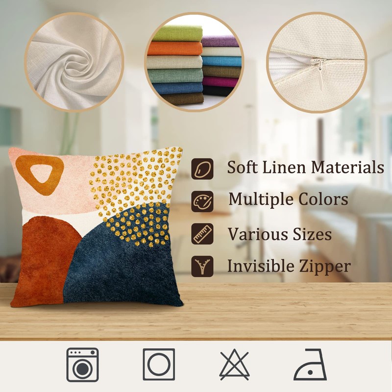 YCOLL Cushion Covers, Set of 4, Linen, Decorative, Geometric Pattern,