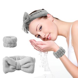 6PCS Spa Headband Wristband Set,Face Wash Headband, Soft Facial Makeup Headband Skincare Headbands Bowknot Hair Band, Elastic Wristbands Prevent Liquids from Spilling Down Your Arms (Headband and Wristband Set--Grey and Blue)