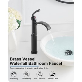 HEYMYTAP Waterfall Vessel Faucet, Tall Bathroom Faucet Black, Brass Vessel Sink Faucets Bathroom Sink Faucet One Hole Single Handle with Supply Hoses Pop-up Drain
